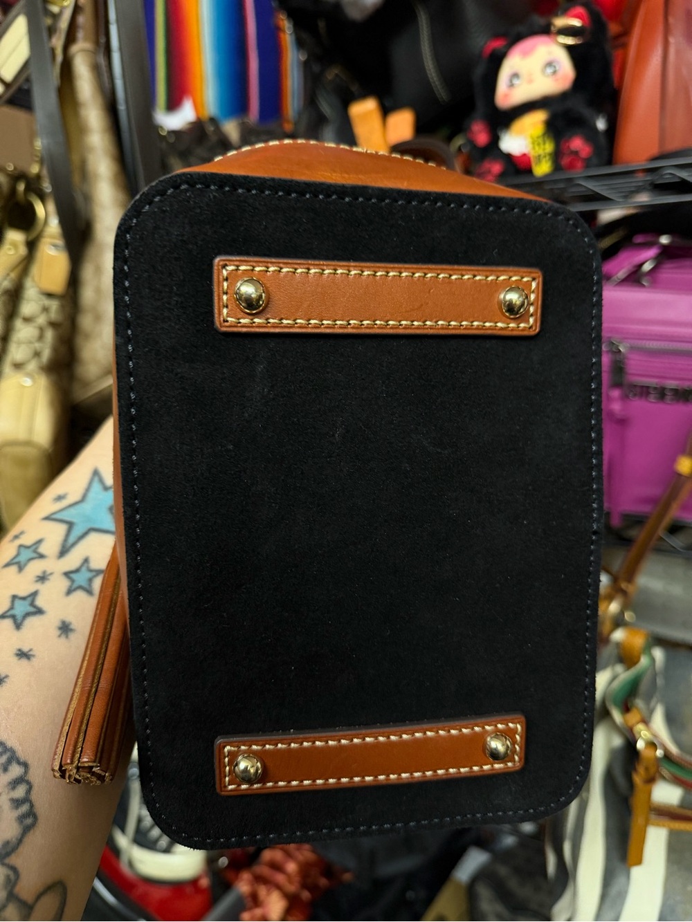 Dooney & Bourke Small Black Suede Bucket Bag with Tan Leather Trim - Picture 3 of 15